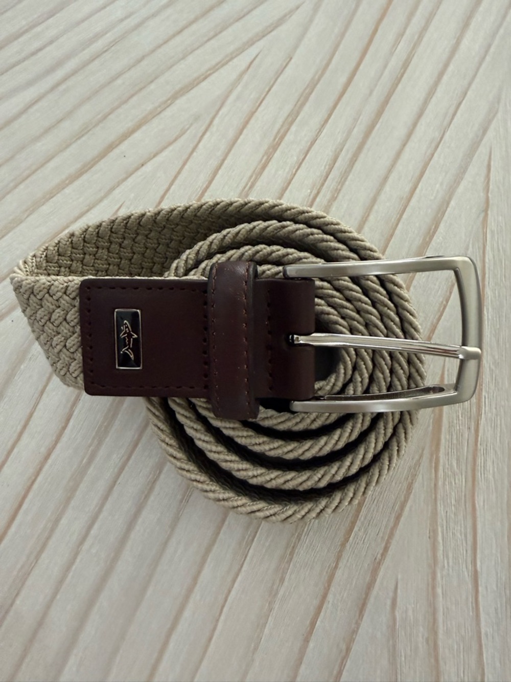 Greg Norman Collection Tan Woven Belt with Brown Leather Trim